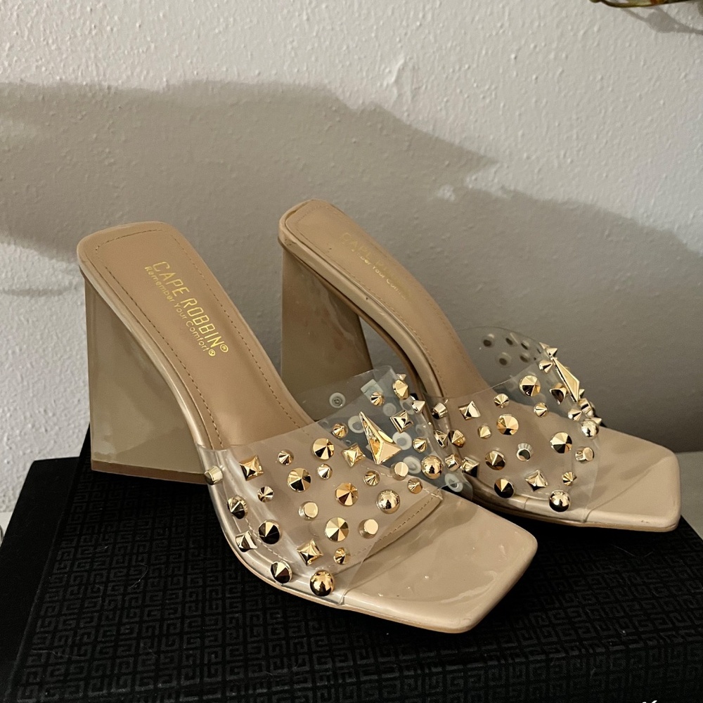 Cape Robbin Beige Clear Studded Block Heel Mules